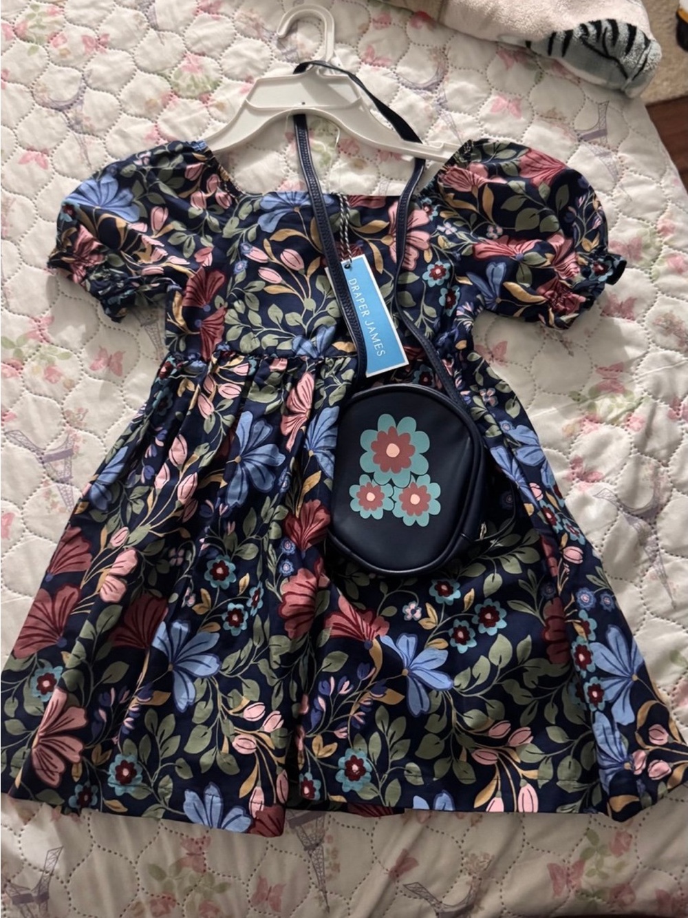 Baker by Ted Baker Navy Floral Puff Sleeve Dress with Pink & Blue Flowers
